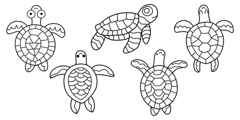 Hand-drawn funny cartoon turtles set linear vector illustration. Horizontal coloring page with sea animals printable page. Funny sea turtles black outline isolated on white