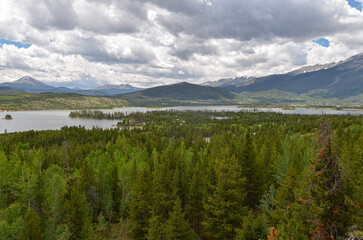 Dillon Reservoir and Frisco scenic view from Old Dillon Reservoir trail (Summit county, Colorado)