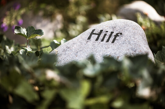 Stein mit Schrift "Hilf" liegt auf einem Grab 
