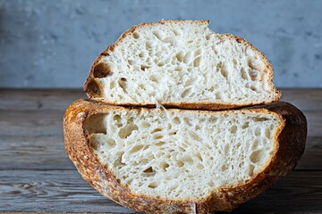 Fresh homemade sourdough bread with whole grain flour on a gray-blue background. Healthy food.