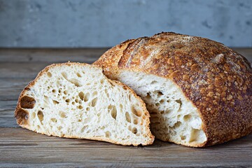 Fresh homemade sourdough bread with whole grain flour on a gray-blue background. Healthy food.