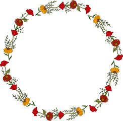 Round frame with creative flowers and branches on white background. Vector image. Doodle style.