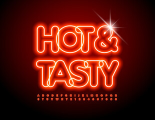 Vector trendy banner Hot and Tasty. Bright Neon Font. Glowing Alphabet Letters and Numbers set