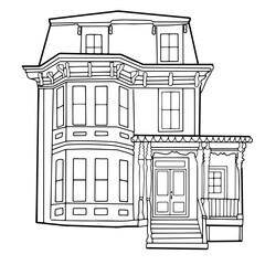 hand drawn two-storey house. Vector doodle style building for coloring page
