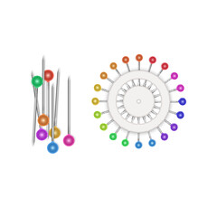 Set of Realistic safety pins for clothes, safety pins of rainbow colors isolated on white, vector illustration