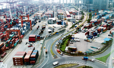 Aerial view of containers in the port