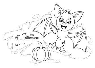 Coloring page. Cute and funny bat and halloween pumpkin