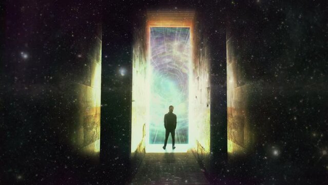 Space Portal Man Zoom In Magnetic Field Passage Stars. Man standing in front of magnetic field portal inside building surrounded by stars. Zoom in