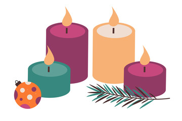 Colorful candle illustration with Christmas bubbles and Christmas branch