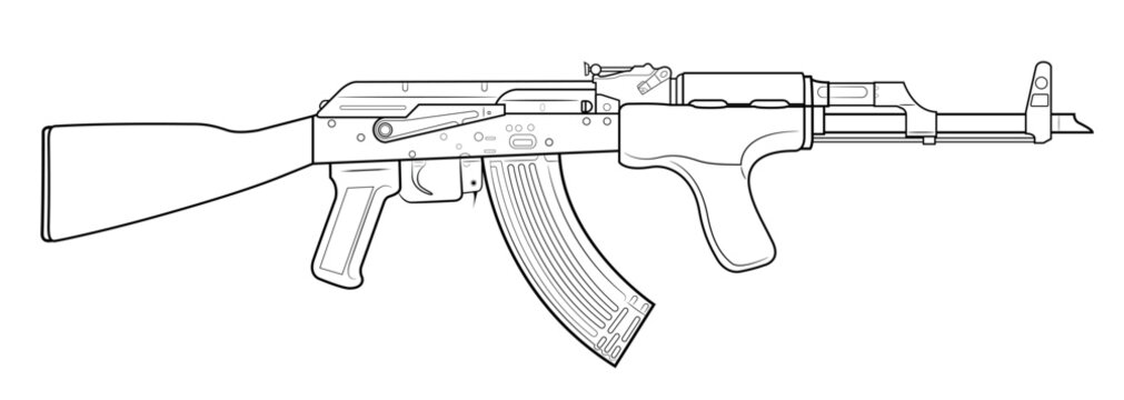 Vector illustration of AK carbine with a wooden foregrip on the white background.