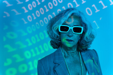 Serious senior programmer under binary code projection