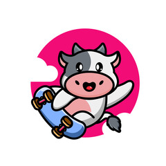 Cute cow playing skate board