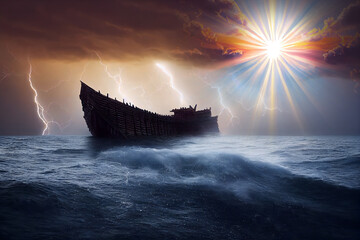 Noah's ark in a stormy sea, lightning strikes, divine light of salvation, the concept of the biblical global flood. 