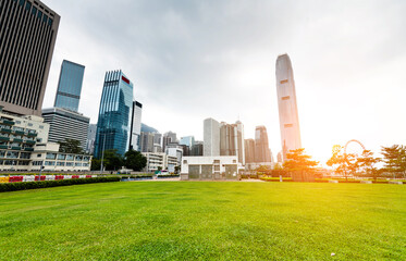 City park with modern office buildings in Hong Kong