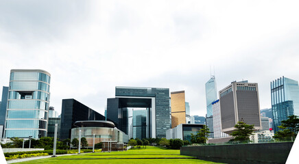 City park with modern office buildings in Hong Kong