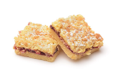 Two pieces of crumb cake with fruit jam