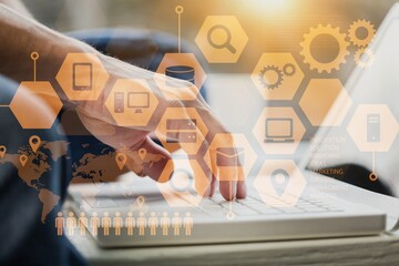 concept of long-term business development and management, looking at virtual screens business graph...