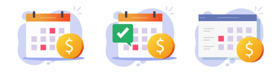 Salary payment money in calendar pay date vector icon, annuity monthly bill subscription, automatic recurring credit loan period, budget or investment payout agenda illustrated image - obrazy, fototapety, plakaty