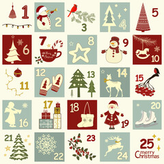 Christmas advent calendar with Christmas symbols. Winter holidays poster - 535309524
