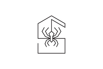 Spider house logo, house with spider and letter S creative line art logo concept