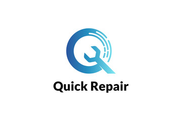 Fototapeta premium Quick repair logo with letter Q, wrench and fast motion shape concept