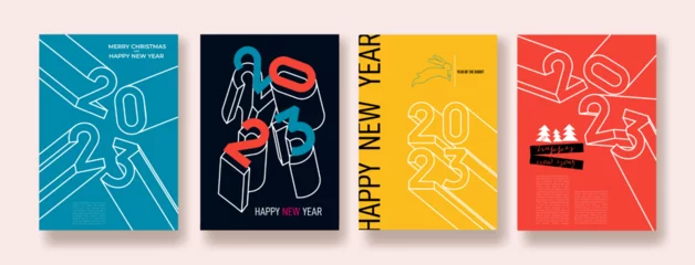 Foto op Plexiglas Set of logo Happy New Year posters. 2023 colorful abstract design typography 2023 for celebration and season decoration, backgrounds, branding, banner, cover, card. Vector social media template. © Anatoliy