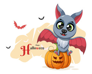 Halloween Postcard. A cartoon bat and a halloween pumpkin