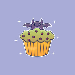 Cute cartoon bat cupcake in vector illustration. Isolated food vector. Flat cartoon style