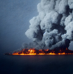 Fototapeta na wymiar A huge oil spill in the ocean, burning with thick black smoke.