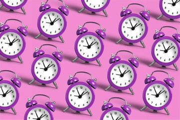 Trendy pattern made with clock on bright background. Summer, morning concept.
