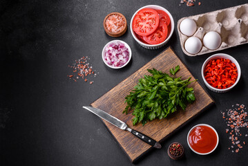 Ingredients for making shakshuka, dishes with fried eggs with tomato sauce, spices and herbs