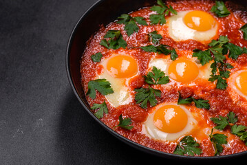 Shakshuka, a dish with fried eggs with tomato sauce, sweet pepper, garlic, onions, spices and herbs