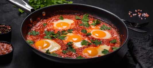 Shakshuka, a dish with fried eggs with tomato sauce, sweet pepper, garlic, onions, spices and herbs