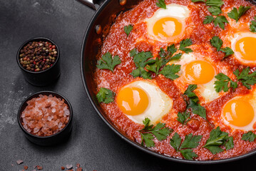 Shakshuka, a dish with fried eggs with tomato sauce, sweet pepper, garlic, onions, spices and herbs