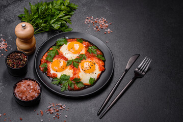 Shakshuka, a dish with fried eggs with tomato sauce, sweet pepper, garlic, onions, spices and herbs