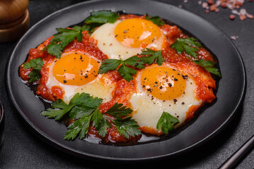Shakshuka, a dish with fried eggs with tomato sauce, sweet pepper, garlic, onions, spices and herbs