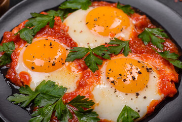 Shakshuka, a dish with fried eggs with tomato sauce, sweet pepper, garlic, onions, spices and herbs