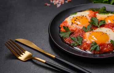 Shakshuka, a dish with fried eggs with tomato sauce, sweet pepper, garlic, onions, spices and herbs