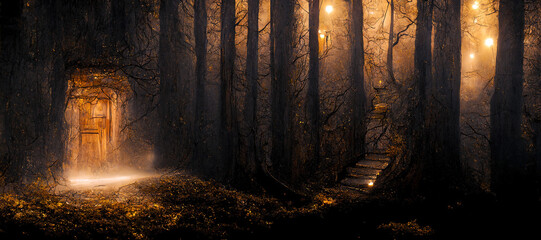 Path in dark fairy tale forest with glowing lights and mystery door, Generative AI