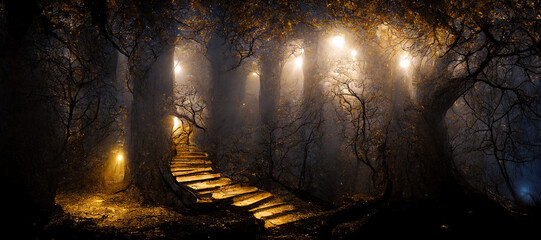 wallpaper fairy tale stairs in dense forest, Generative AI
