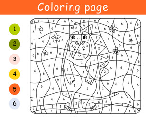 Color by number game for kids. Child in costume dinosaur. Halloween party. Printable worksheet. Coloring page.