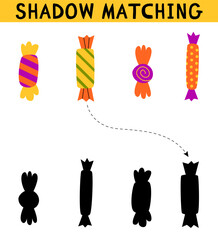Cute halloween sweets candy shadow matching activity for children. Simple educational game for kids with leaves. Find the correct silhouette printable worksheet.