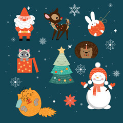 Set of cute Christmas characters: Santa, deer, Christmas tree, cat, hare, snowman, hedgehog.