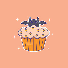 Cute cartoon bat cupcake in vector illustration. Isolated food vector. Flat cartoon style