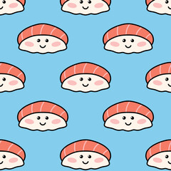 Seamless pattern with funny sushi in kawaii style. Vector illustration . Cartoon style. Print with sushi character.