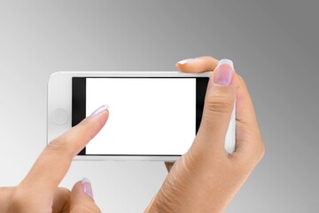Hand holding smartphone with blank screen for Infographic Global Business web site design app
