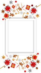 Vertical image of a card with gifts and christmas decorations