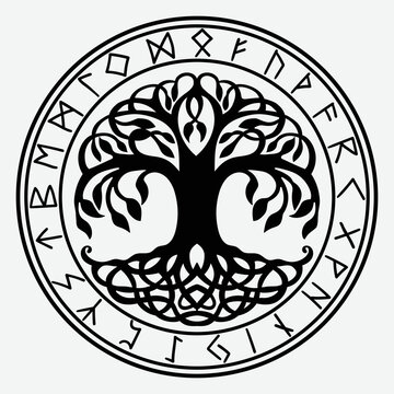 Yggdrasil, the tree of life. Vikings symbol Odin,with futhark runes 