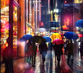 Fototapeta premium rainy city street people with umbrellas walk blurred light shop windows reflection shopping centre rain urban life style