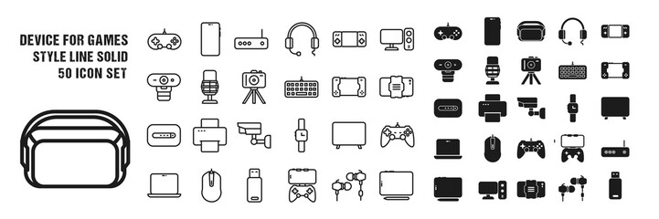 Gaming device icons. 50 icon collection with line and solid style